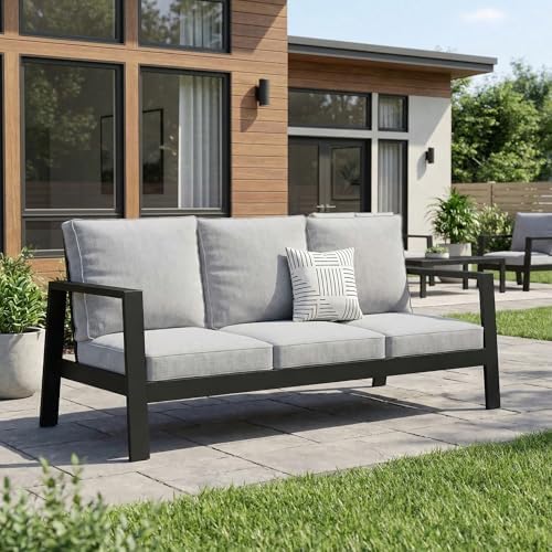 Wisteria Lane Aluminum Outdoor Patio Sofa, High Backrest Metal 3-Seat Outdoor Couch with 5 inch Thick Cushions, Patio Furniture for Deck Porch Garden Poolside, Grey