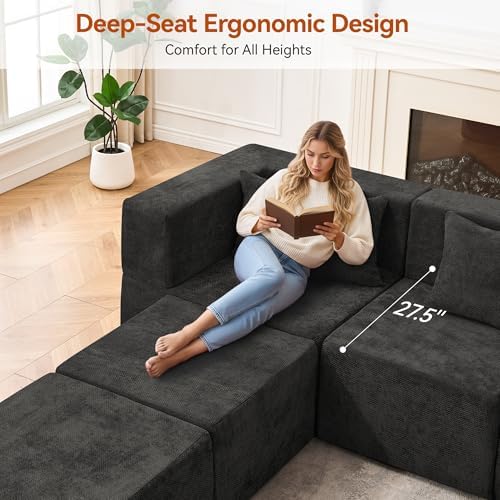 MONVANE 130'' Modular Sectional Cloud Couch for Living Room, 6 Seater Convertible Chenille Couches Set with Ottoman & Pillow, No Assembly Compression Sofas, Comfy Floor Sofa with Memory Foam, Black