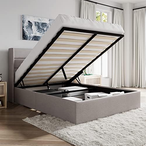 SHA CERLIN Full Size Lift Up Hydraulic Storage Bed Frame Light Beige