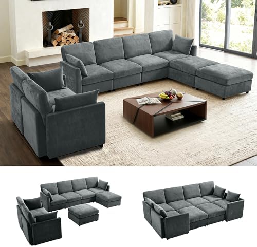 Iroomy Modular Sectional Couch for Living Room, Modern Convertible Cloud Sofa with Ottoman, Spring Cushion Seating, Grey