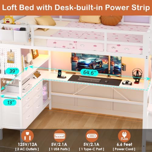 Dnxao Loft Bed Twin Size with 6 Storage Drawers and Foldable Table, White