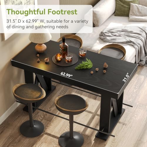 LITTLE TREE 63" Bar Table, Pub Table with Metal Footrest (Black,2)