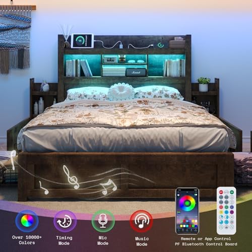 LUXOAK 5-Piece Farmhouse Bedroom Set - Full Storage Bed & Dresser, Brwon