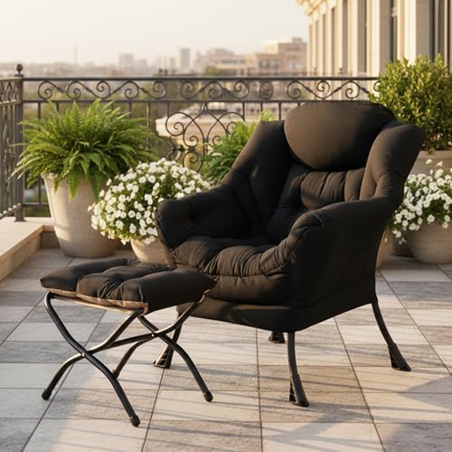 Tiita Lazy Chair with Ottoman, Comfy Reading Accent Chair, Velvet Black