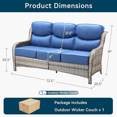 Luxury Outdoor Patio Furniture Set-Wicker High Backrest 3-Seat Patio Sofa with Comfy 6" Cushion, Rattan Couch with Deep Seat All-Weather Patio Conversation Set for Deck Backyard Garden(Grey/Blue)