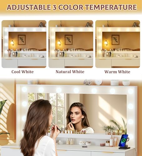 HUAHUU Vanity Desk with Mirror and Lights, 45.3in Makeup Vanity with 7 Drawers & Large Mirror, White Vanity with 3-Color Adjustable Lighting & Power Outlet, Vanity Desk for Bedroom