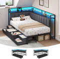 Twin Corner Bed Frame with Storage Shelves, 6 Drawers and Charging Station