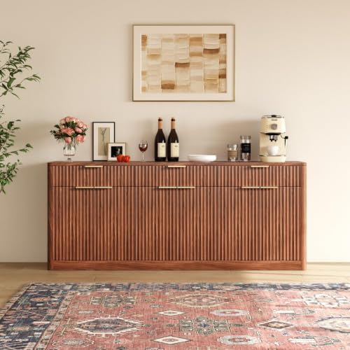 Evermagin 67" Fluted Walnut Sideboard Buffet Cabinet with 3 Drawers