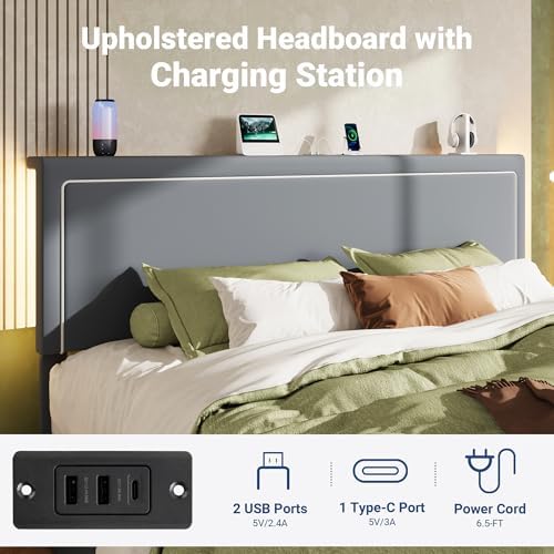 Allewie King Lift Up Storage Bed Frame with Charging Station, Grey