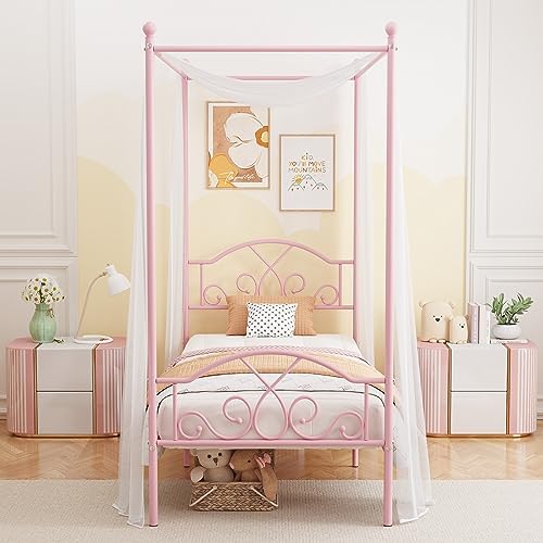 Twin Princess Canopy Bed Frame with 4 Posters, Twin Size Bed for Kids Girls