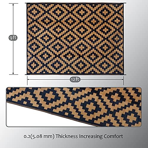 SAND MINE Reversible Mats, Plastic Straw Rug, Modern Area Rug, Large Floor Mat and Rug for Outdoors, RV, Patio, Backyard, Deck, Picnic, Beach, Trailer, Camping, Black & Brown, 9' x 12'