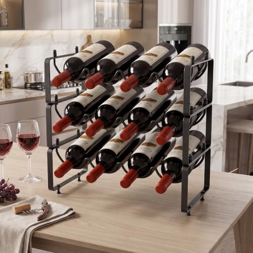 TONLEA Stackable Water Bottle Organizer Holder, Wine Rack,3-Tier 12 Bottles Wine Storage Cabinet Shelf, Wine Racks Countertop for Pantry,Kitchen