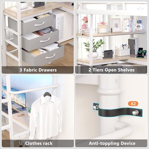 Jocoevol Twin Size Loft Bed with L-Shaped Desk, LED Lights,Charging Station, Industrial Heavy Duty Metal Loft Bed Frame with 3 Storage Shelves and 3 Fabric Drawers, Safety Guard & Ladder, White