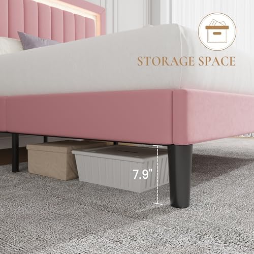 SHA CERLIN Queen Size Velvet Bed Frame with LED Light, Pink