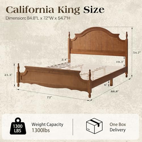 LUXOAK California King Solid Wood Poster Bed, 55" Arched Headboard, Caramel