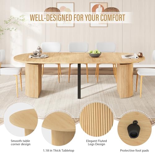 weselon 42"-105" Extendable Dining Table for 4-12, Expandable Oval Dining Room Table with Fluted Pedestal Base & Reinforced Metal Support Leg, Large Modern Kitchen Table for Dining Room (Natural)