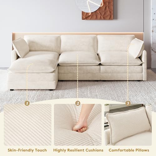 ROWHY 112'' Modular Sectional Cloud Couch with Movable Ottoman, 4 Seat Modern Corduroy Sofa, Deep Seat L Shaped Couch for Living Room Bedroom Apartment, Cream