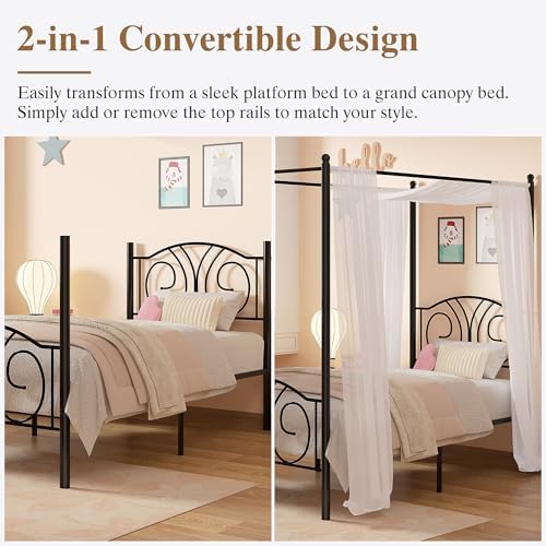VECELO Twin Canopy Bed Frame, Vintage Scrollwork Headboard, Matte Black