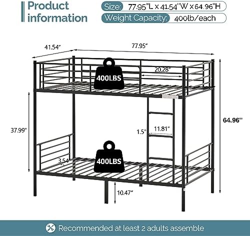 Bonnlo Bunk Bed Twin Over Twin for Kids/Teens/Adults Heavy Duty 2 Decker Bed with Flat Ladder and 13 inches High Guardrail, Metal Space Saver Bed with Stairs, Black