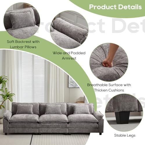 Oprisen 120" Modular Sectional Sofa, Comfy 3 Seater Deep Cloud Couch