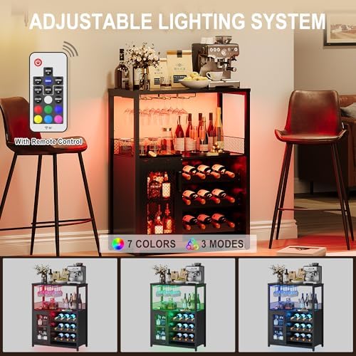 IDEALHOUSE Wine Bar Rack Cabinet with LED Lights, Small Coffee Bar Cabinet