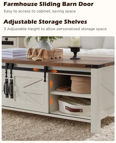 OKD 48" Farmhouse Lift Top Coffee Table, Sliding Barn Door, Antique White
