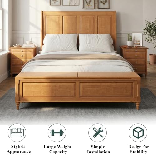 Queen Bed Frame with 53" Tall Headboard and Storage Bench, Solid Wood Queen Size Platform Bed with 64" Footboard Storage Chest,Heavy Duty Slats System,No Box Spring Needed, Natural