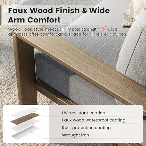 UDPATIO 6-Piece Faux Wood Metal Outdoor Sectional Sofa, 6" Thick Cushion