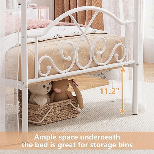 Twin Princess Canopy Bed Frame with 4 Posters, Twin Size Bed for Kids Girls