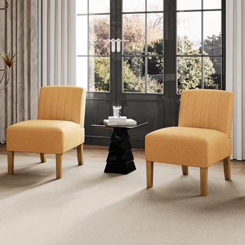VIRRMO Armless Accent Chairs Set of 2 for Living Room, Modern Slipper Chair Living Room Chairs with Solid Wood Legs,Makeup Vanity Chair Fabric Comfy Upholstered Arm Chairs Accent Chairs,Yellow