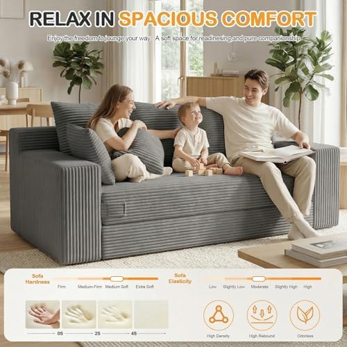 Oversize Loveseat Boneless Convertible Sofa Bed, Folding Floor Futon Sleeper Sofa Queen Size Couch Bed- Boneless Foldable Couch, Corduroy Pull Out Sofa Bed with 5 Pillows for Living Room & Bedroom