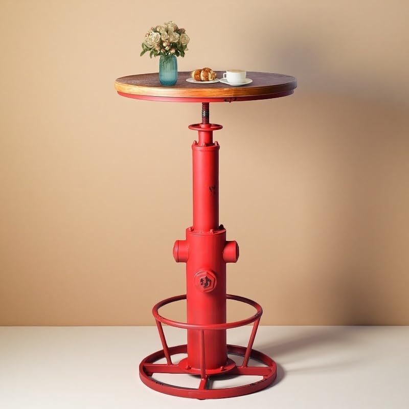 Vintage 38.6-44.4inch Height Adjustable Bar Table Industrial Fire Hydrant Design Pub Tables Farmhouse Cafe Cocktail Desk Rustic Bistro Table Swivel Wooden Top