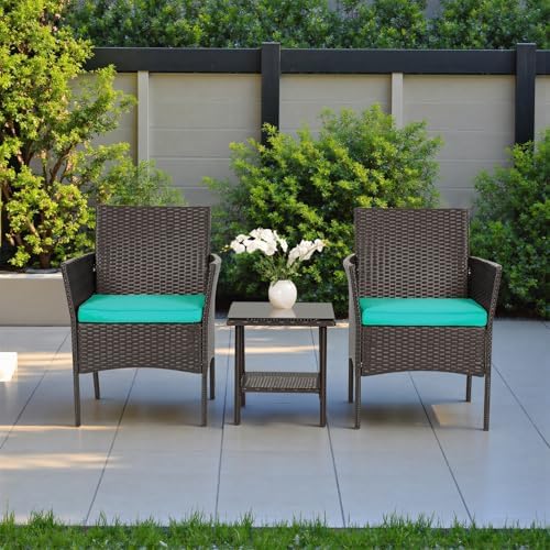 FDW 3-Piece Patio Furniture Set | Brown & Blue | Outdoor Wicker Furniture