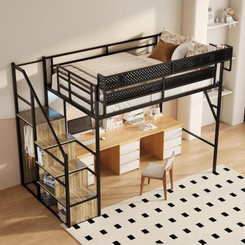 Full Size Metal Loft Bed with Storage Stairs, Wardrobe & Charging Station