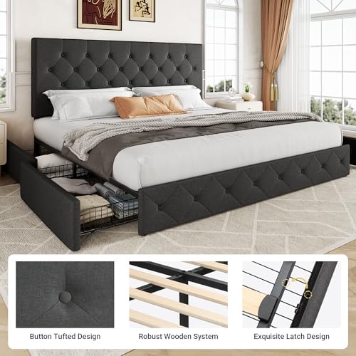 Allewie King Size Storage Bed Frame with 4 Underbed Drawers, Upholstered Platform Bed with Adjustable Headboard, Diamond Button Tufted, Easy Assembly, Noise-Free, No Box Spring Needed, Dark Grey