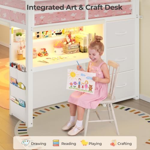 BTHFST Low Loft Bed Twin Size with Stairs, Desk, 6 Storage Drawers, White