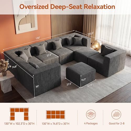 MONVANE Modular Sectional Sofa, Oversized 8 Seat Convertible U Shaped Couch with Ottoman, Comfy Chenille Cloud Couch with Deep Seat, Sectional Couches for Living Room, No Assembly Required, Grey