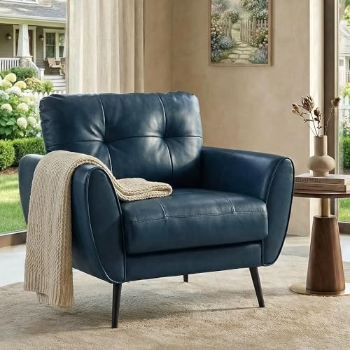 Blue Leather Accent Chair, Tufted Reading Armchair for Living Room Office