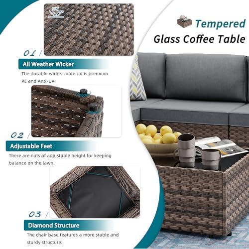 SUNLEI 8 PCS Patio Furniture Set with 45" 50000BTU Gas Propane Fire Pit Table, All Weather PE Wicker Rattan Patio Conversation Sofa with Coffee Table (Brown Rattan Grey, 5 Pcs)