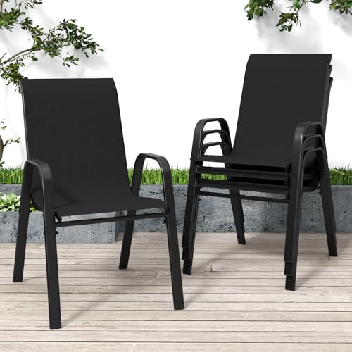 Black Patio Chairs Set of 4, Stackable Outdoor Dining Chairs for All Weather Textilene Fabric & Metal Frame, Outdoor Chairs Set for Backyard Deck Garden