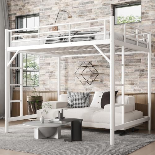 Bellemave Queen Loft Bed, Metal Round Pipe, Dual Ladders, Save Space, White