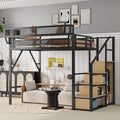 KEIKI Full Size Metal Loft Bed Frame with Convertible Staircase, Built-in Storage Shelves and Wardrobe, Loft Bed with Solid Slats, Guardrail, No Box Spring Required, Easy Assembly, for Bedroom, Black