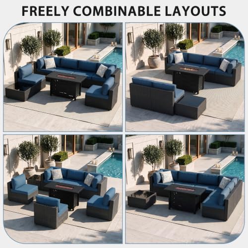 Shintenchi 8 Piece Outdoor Patio Furniture Set with 43 Inch Propane Fire Pit, Washable Cushions, Glass Coffee Table, Waterproof Cover & CSA Certified for Backyard Poolside, Black PE Rattan/Navy Blue