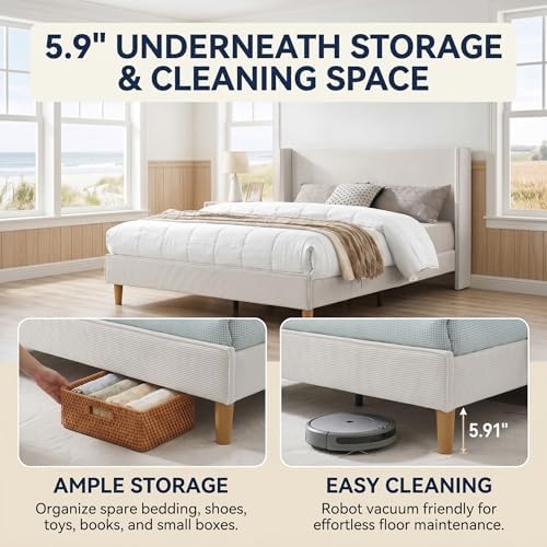 Full Corduroy Upholstered Platform Bed with Headboard Wingback, Cream