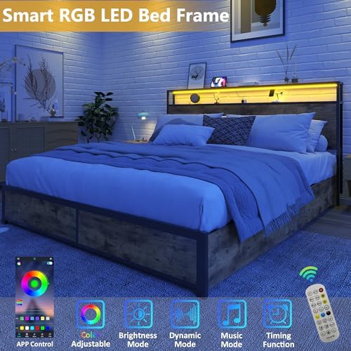 Lifezone Queen Bed Frame with 2-Tier Storage Headboard, Metal Platform Bed Frame with 4 Storage Drawers, Built in Charging Station & LED, Noise-Free/Metal Support/No Box Spring Needed, Vintage Brown