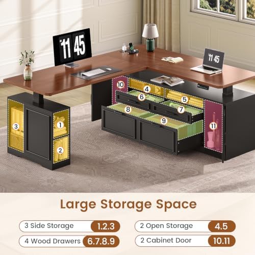 SEDETA Farmhouse L Shaped Executive Electric Standing Desk with 4 Drawers