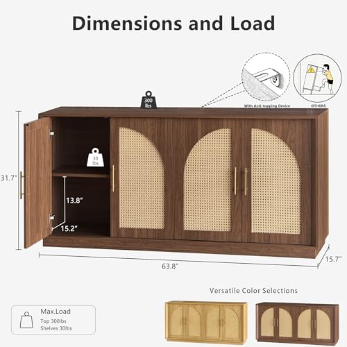 FORTUNETEC 63.8" Sideboard Buffet Cabinet with Storage, Natural Walnut