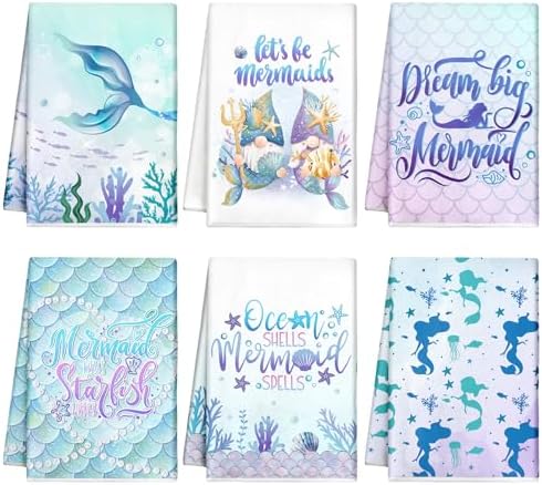 Redbaker 6 Pcs Mermaid Kitchen Towels, Ocean Blue Dish Towels Decor