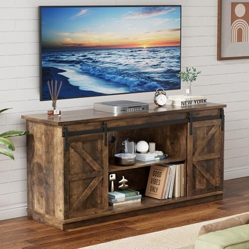 YESHOMY 58" TV Stand for TVs up to 65", Sliding Barn Doors, Barnwood