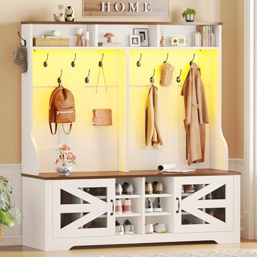 Itaar Hall Tree with Bench and Shoe Storage, 5-in-1 Entryway Bench with Coat Rack, 16 Shoe Cubbies & 12 Coat Hooks, Barn Door & Adjustable Shelf (White)